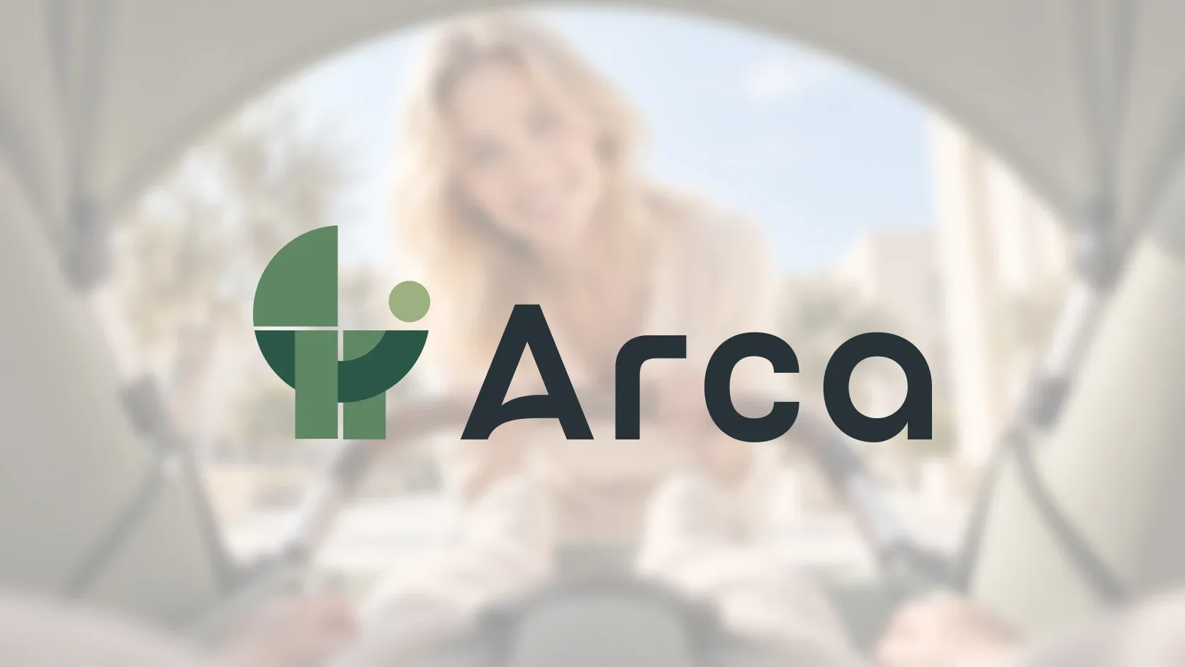 Arca green symbol and wordmark over a family photograph