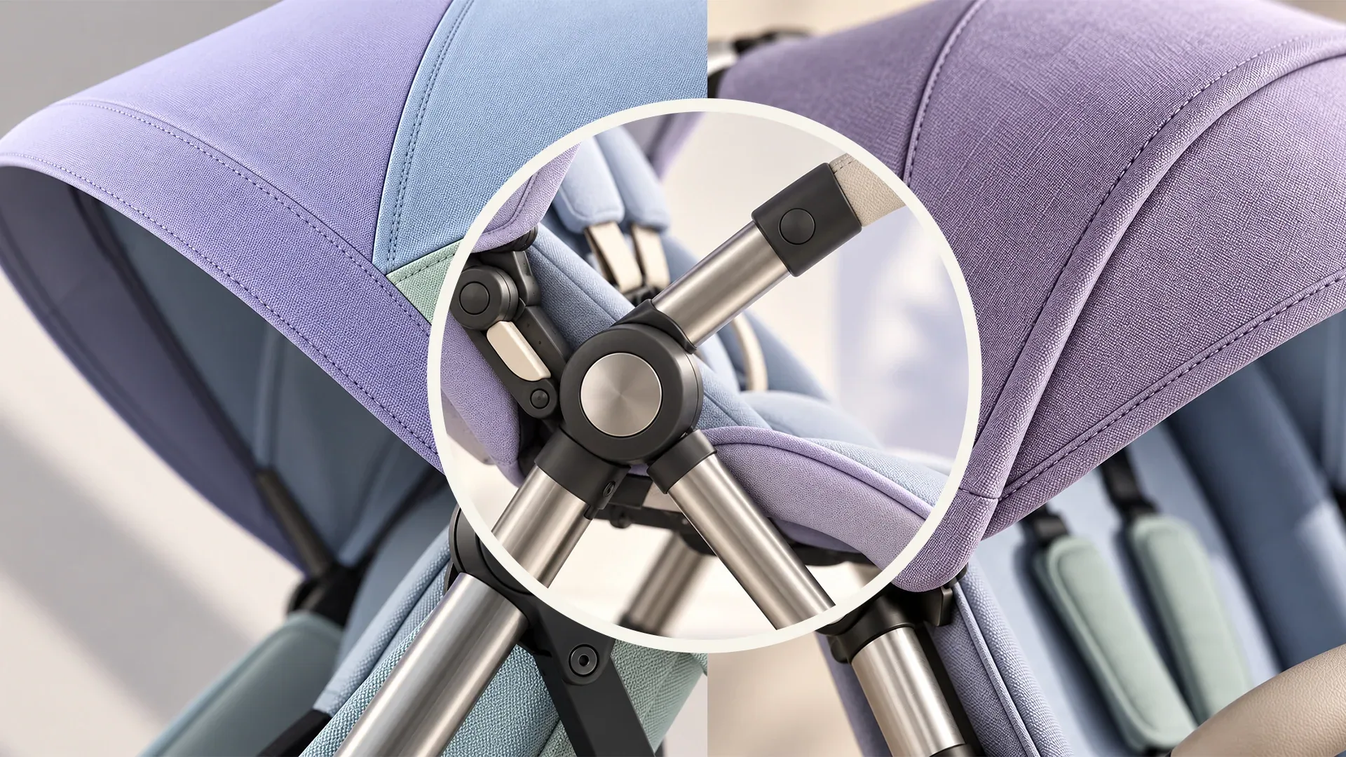 Lavender Arca stroller canopy and frame details