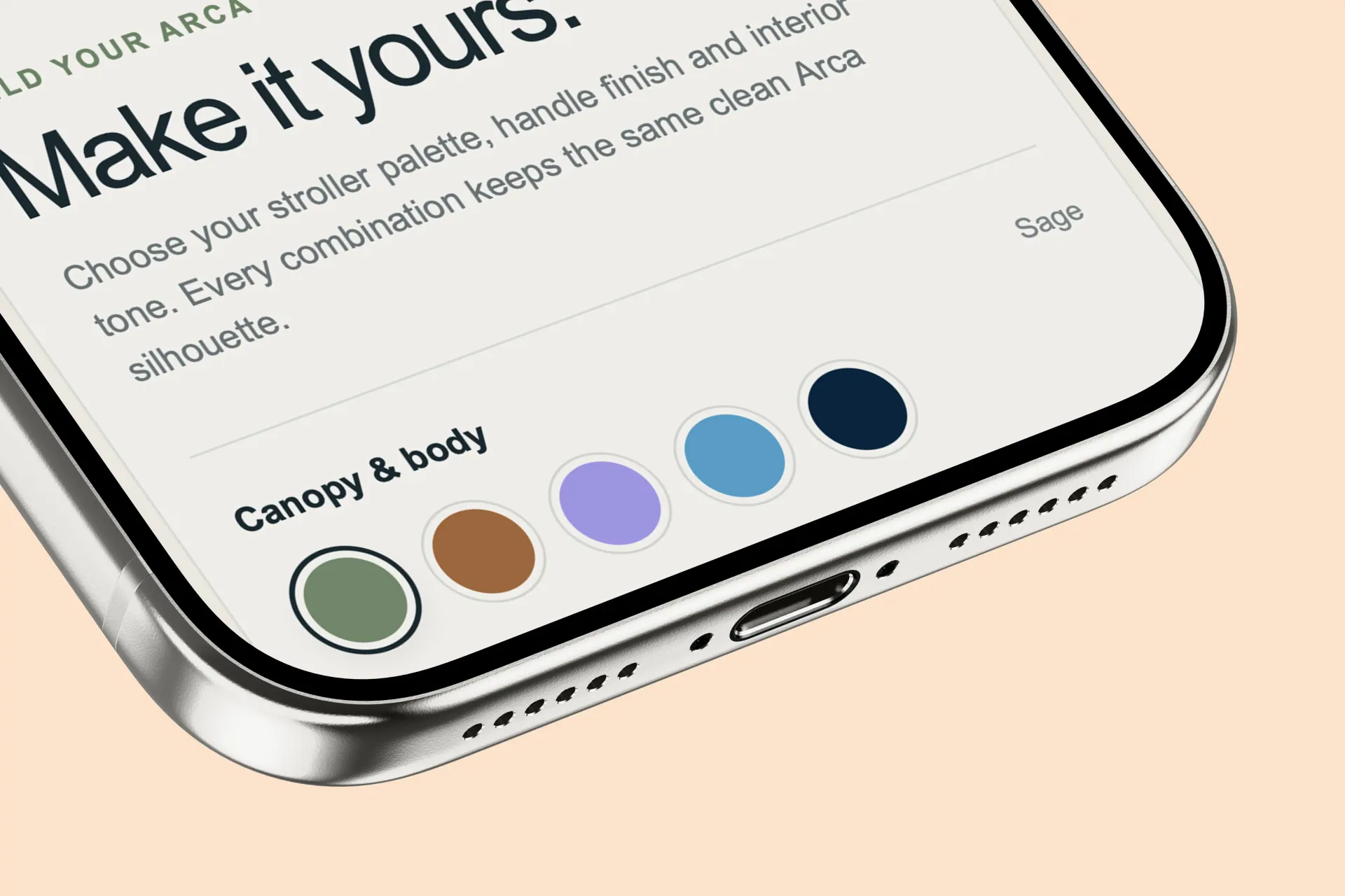 Arca stroller customization interface on a phone