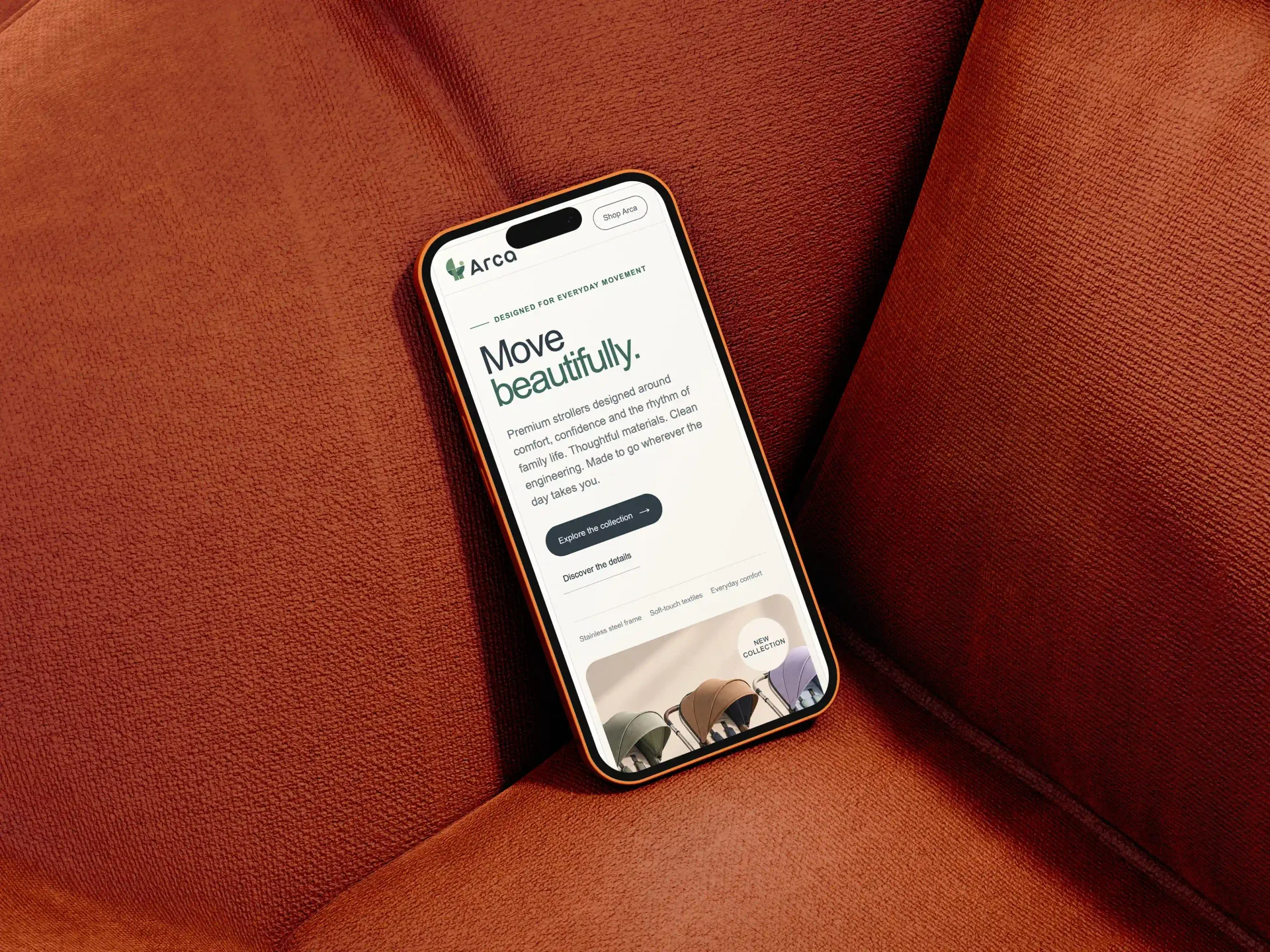 Arca mobile website on rust-colored fabric