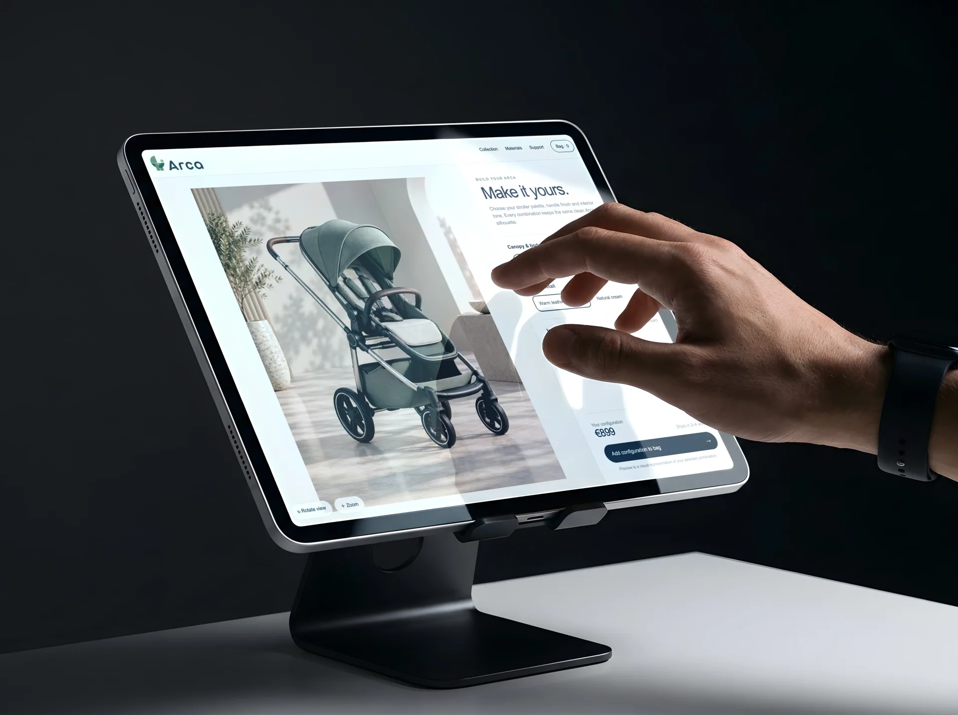 Arca product browsing experience on a tablet