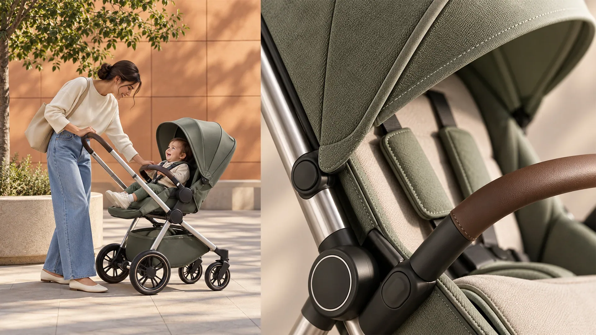 Arca stroller lifestyle photograph and seat details