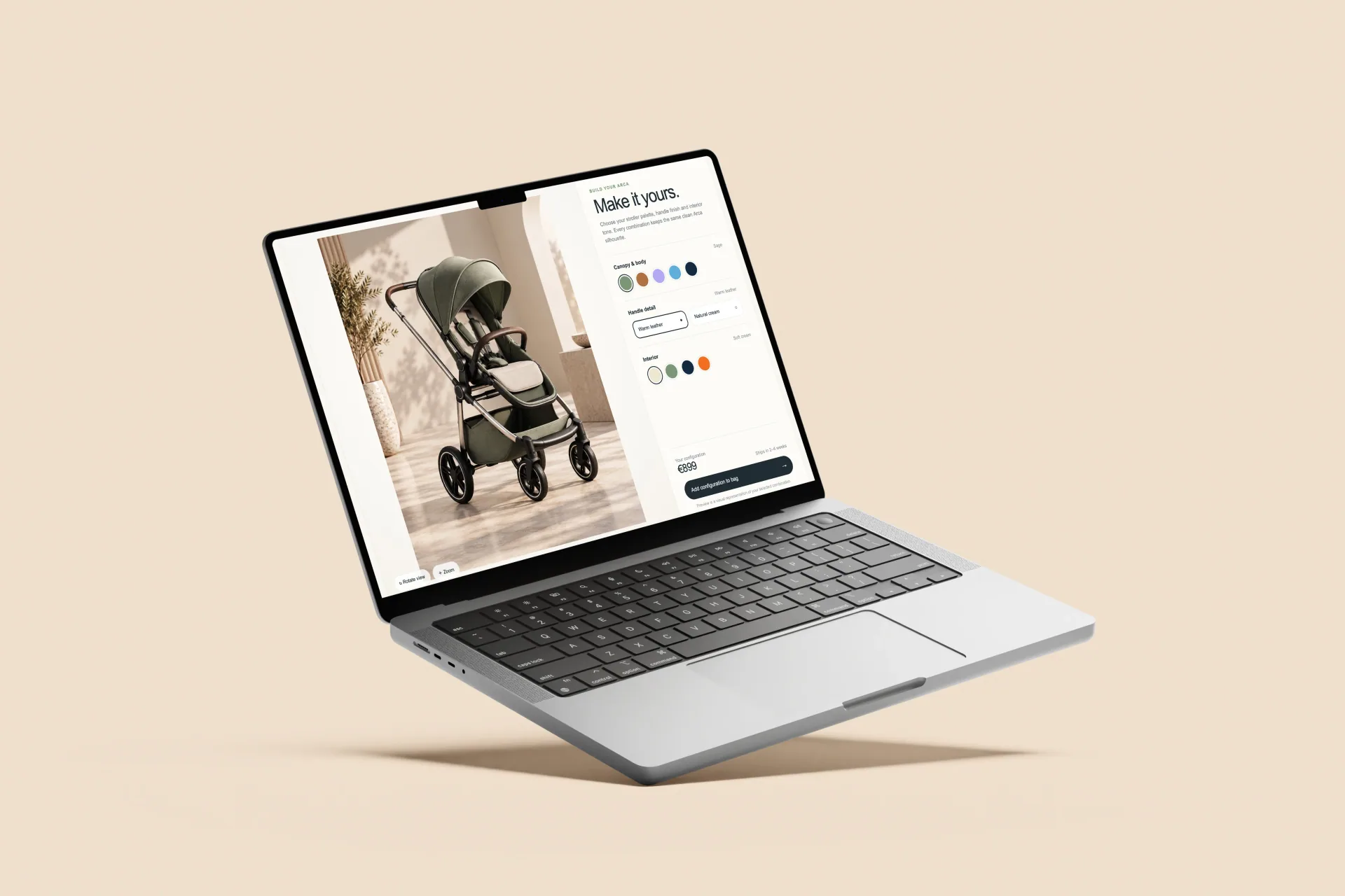Arca product configuration page on a laptop