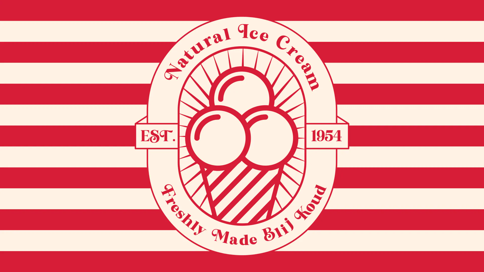 Blij Koud natural ice cream badge on a red and cream striped background