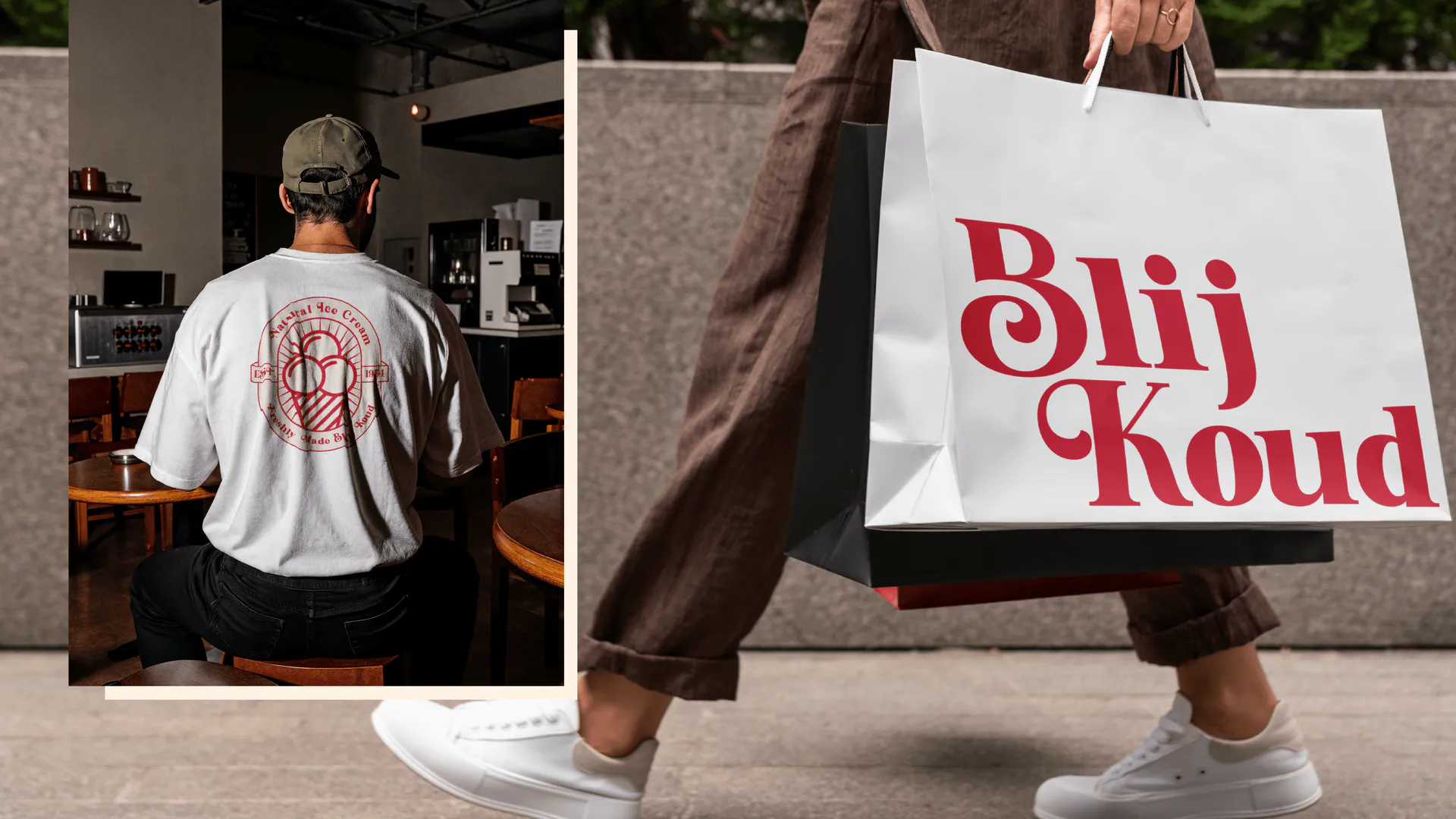 Blij Koud identity applied to a T-shirt and shopping bag