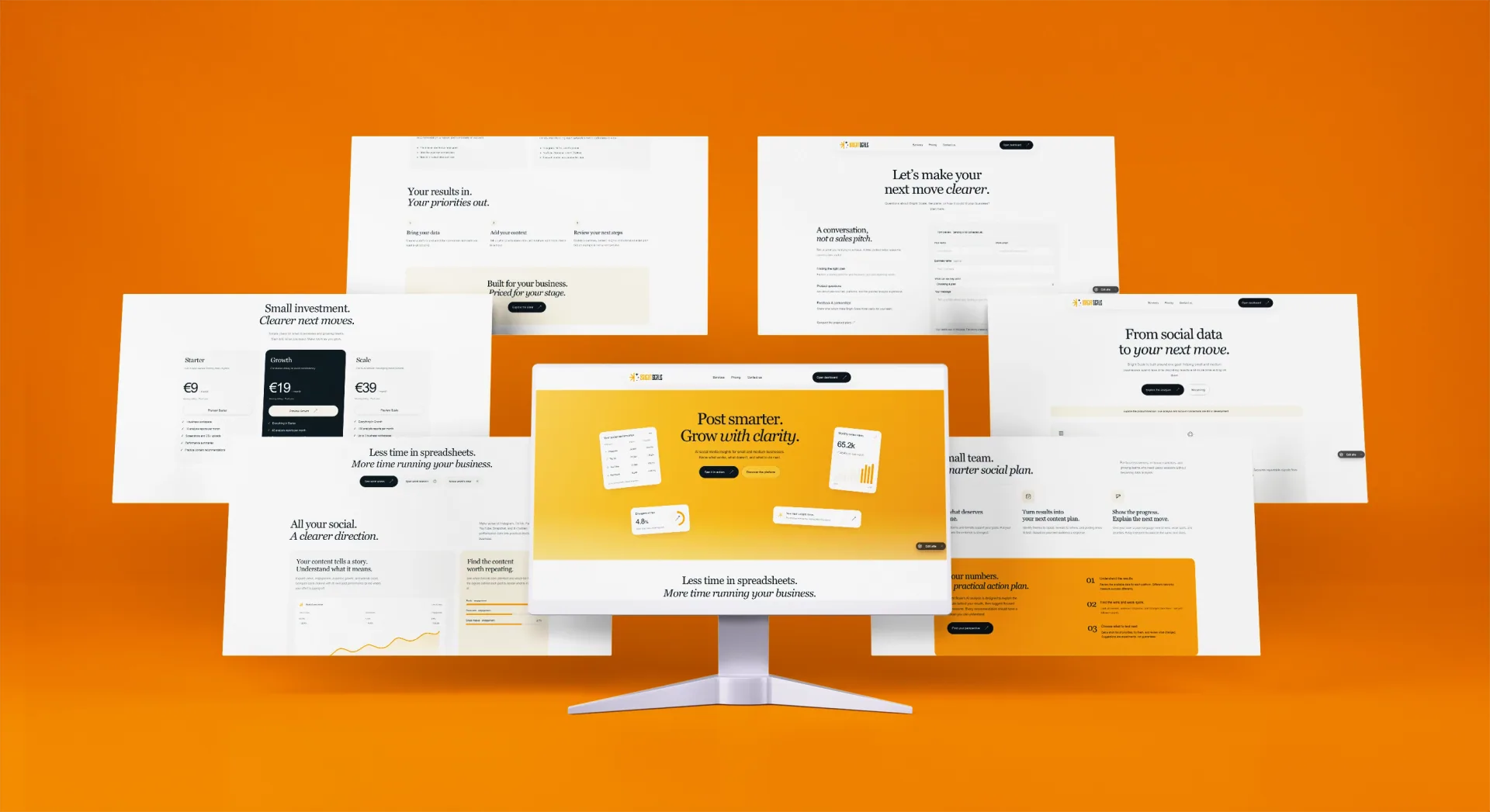 Bright Scale stationery and website presentation on orange