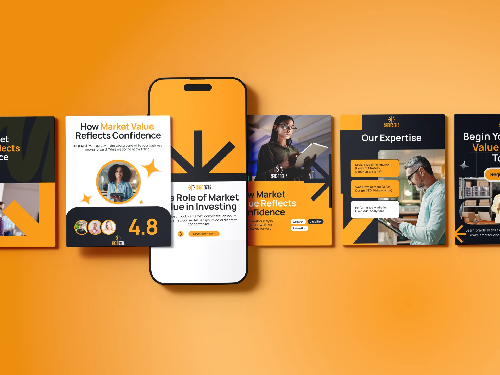 Bright Scale social media layouts presented around a phone