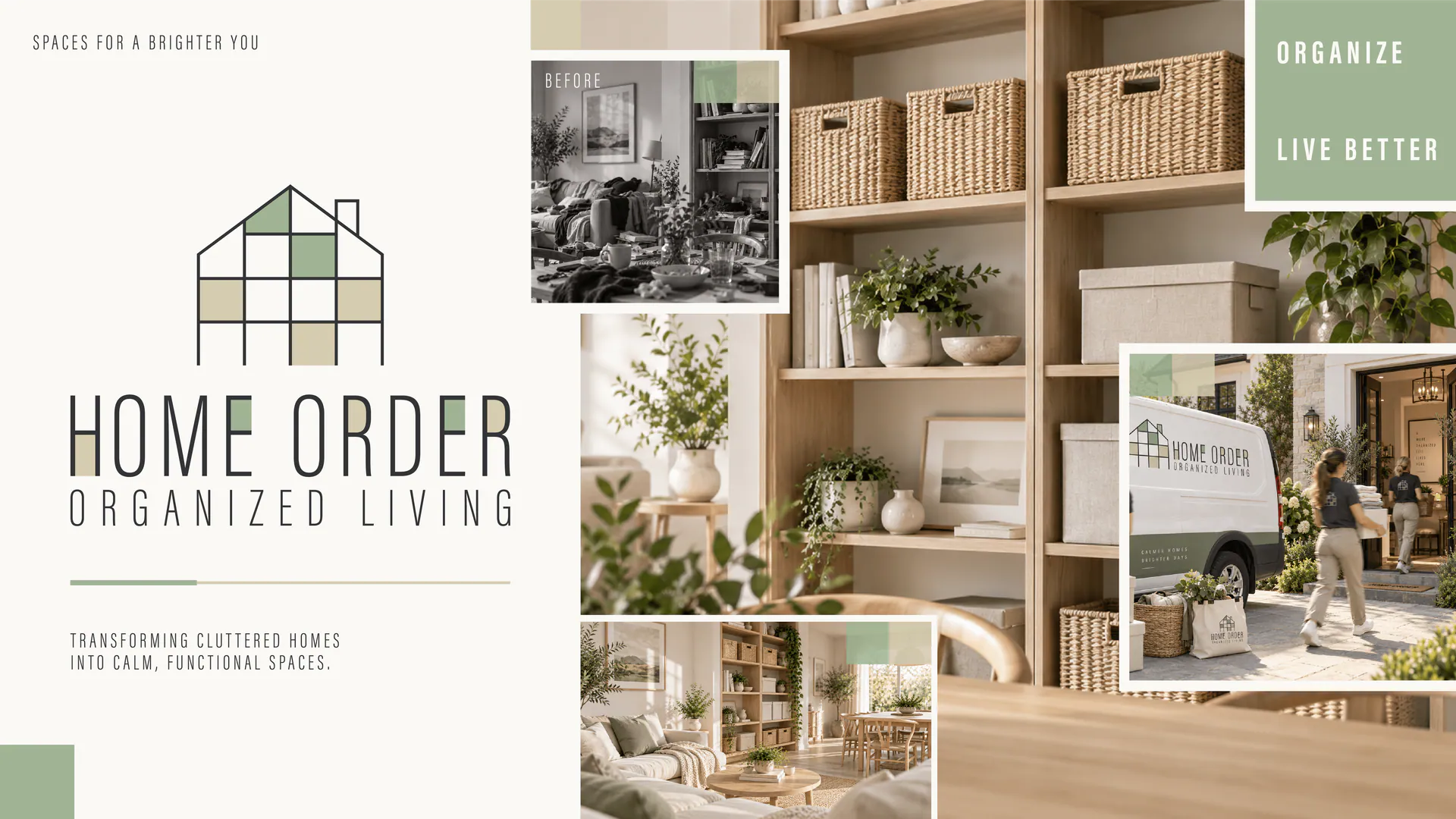 Home Order identity applied across a living space, delivery van and storage system