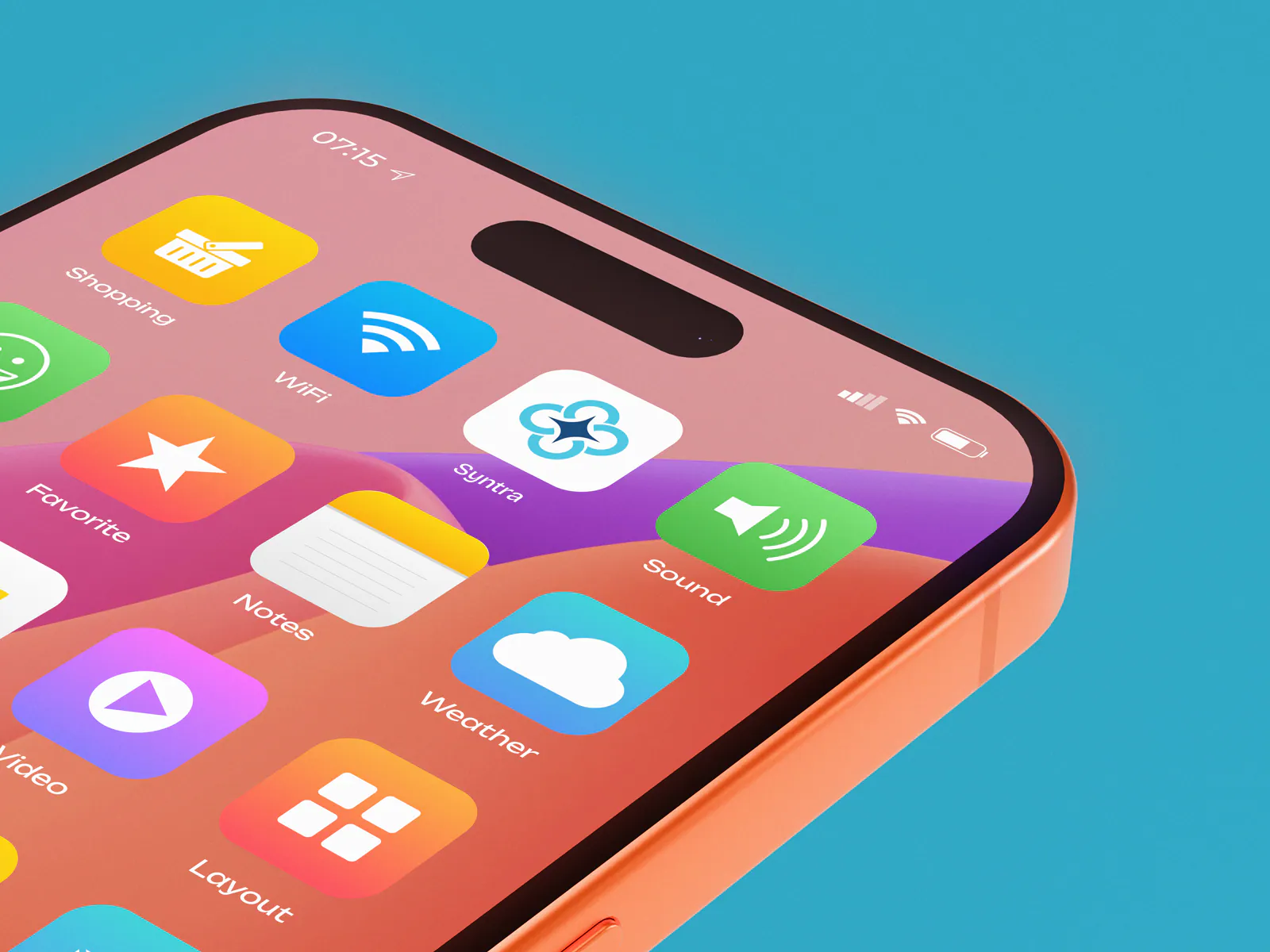 Angled phone mockup showing the Syntra app icon