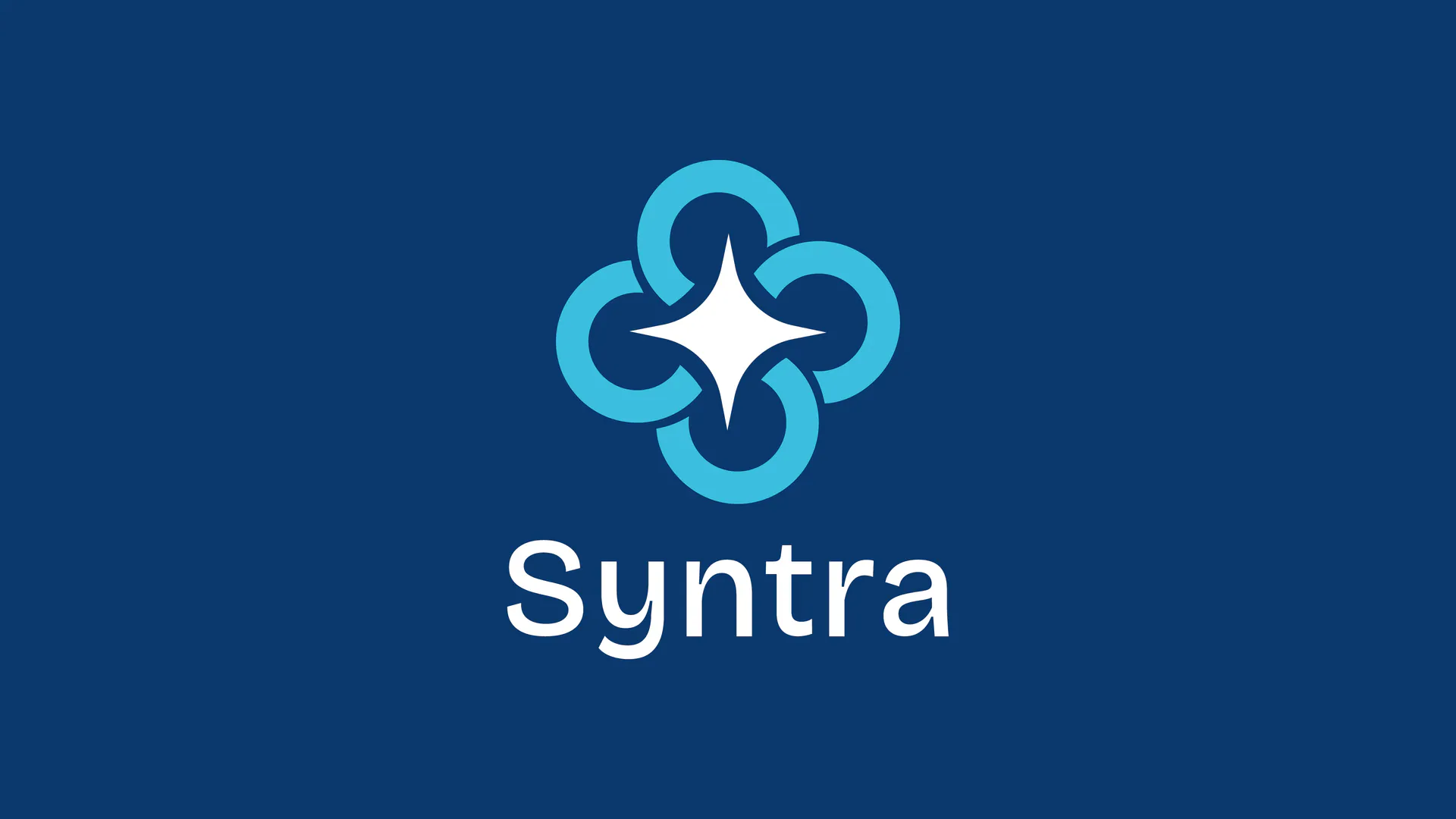 Syntra logo in white and blue on a deep sapphire background