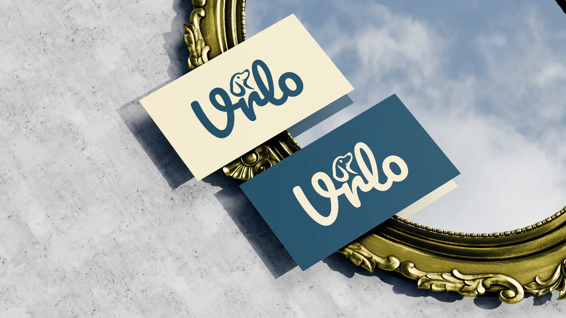 Cream and blue Vrlo business cards arranged across a mirror