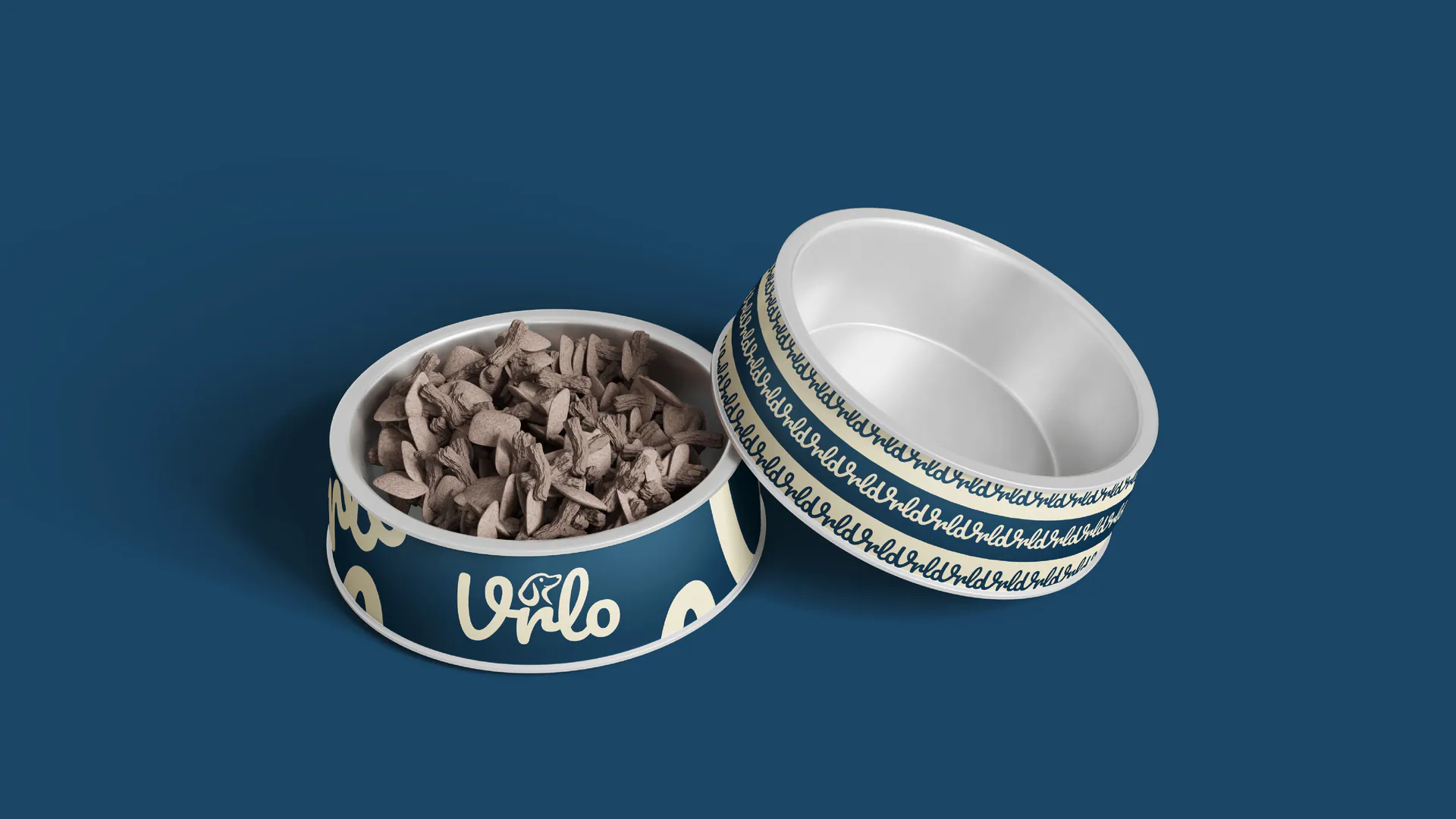 Blue and cream Vrlo branded dog bowls