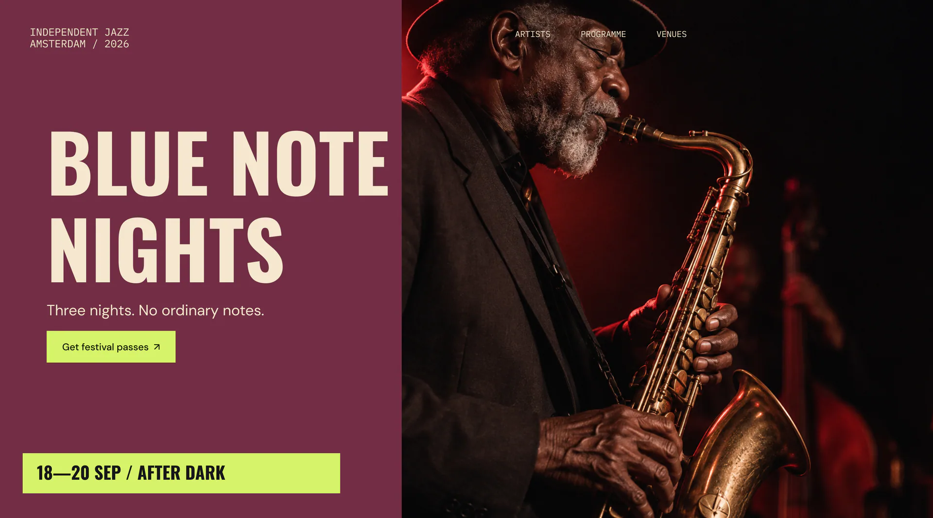Blue Note Nights jazz festival website hero concept