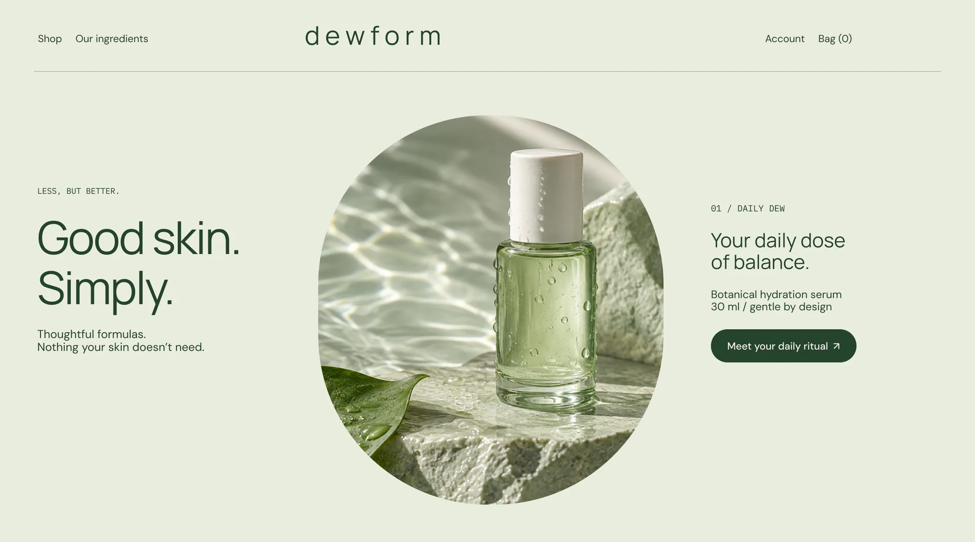 Dewform skincare website hero concept