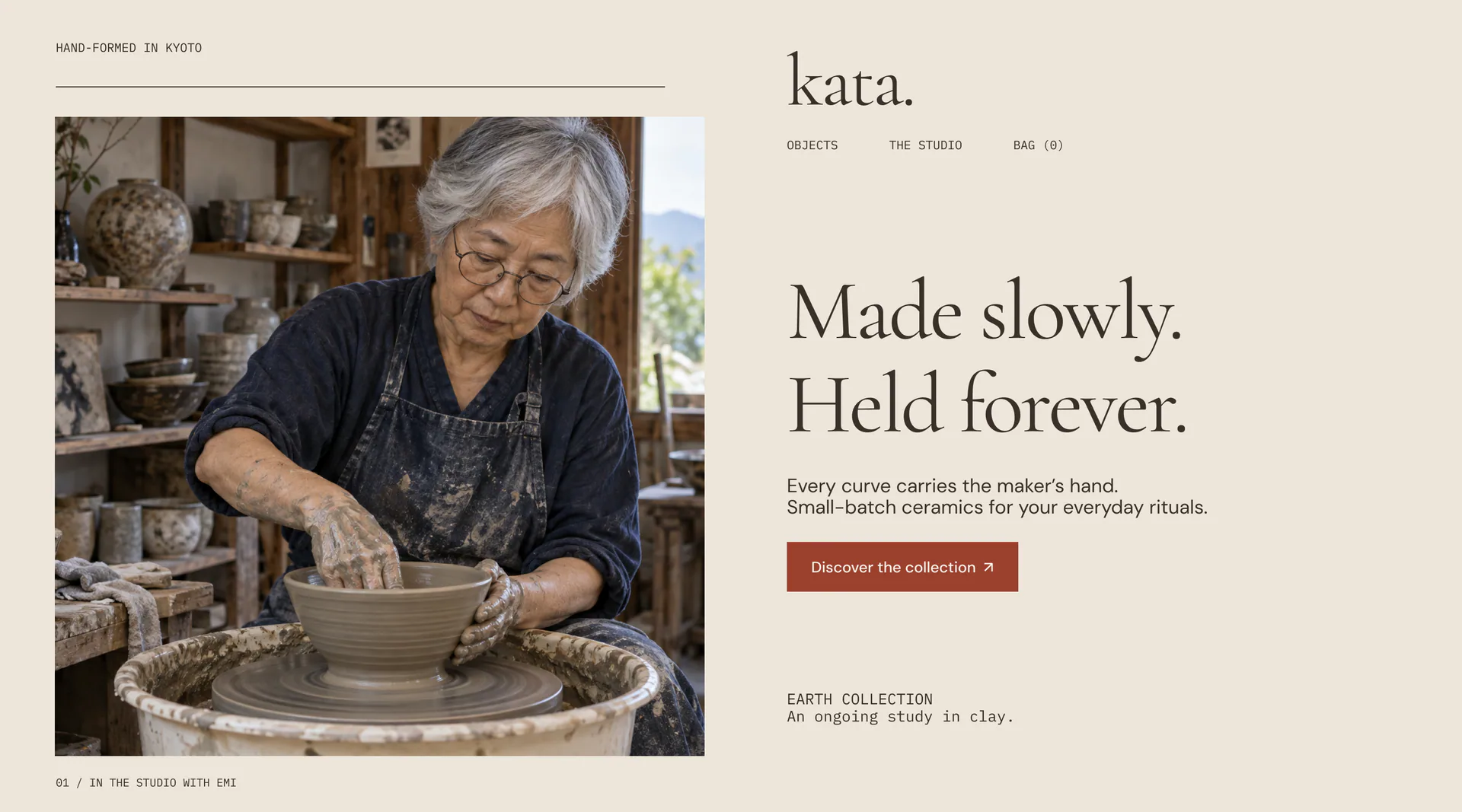 Kata hand-formed ceramics website hero concept